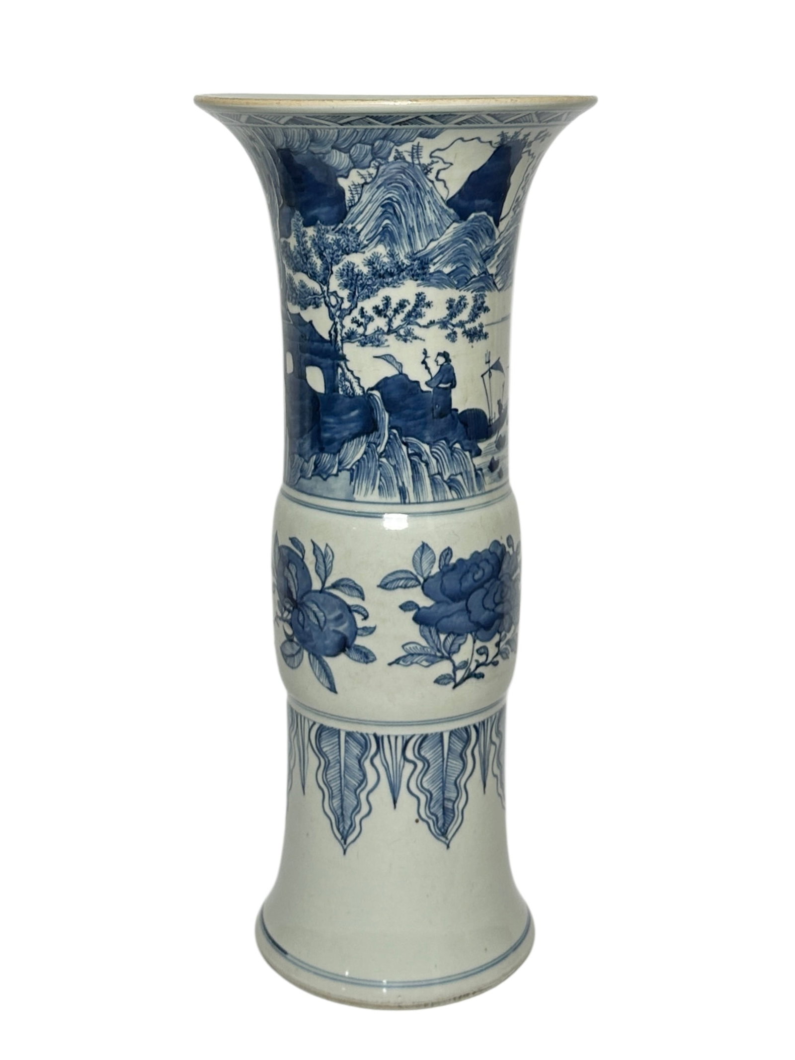 A Chinese Blue-and-white gu vase with landscape and figures painting, Kang Xi Pr.: Size:(Height47.3cm, Mouth Diameter20.8cm) Shipping:EU\HK\USA Ondoor shipping estimation:135EUR Condition:(Good Condition, No Hairlines, No Cracks, No Repairment Checked by UV&Strong Light, Age Traces)