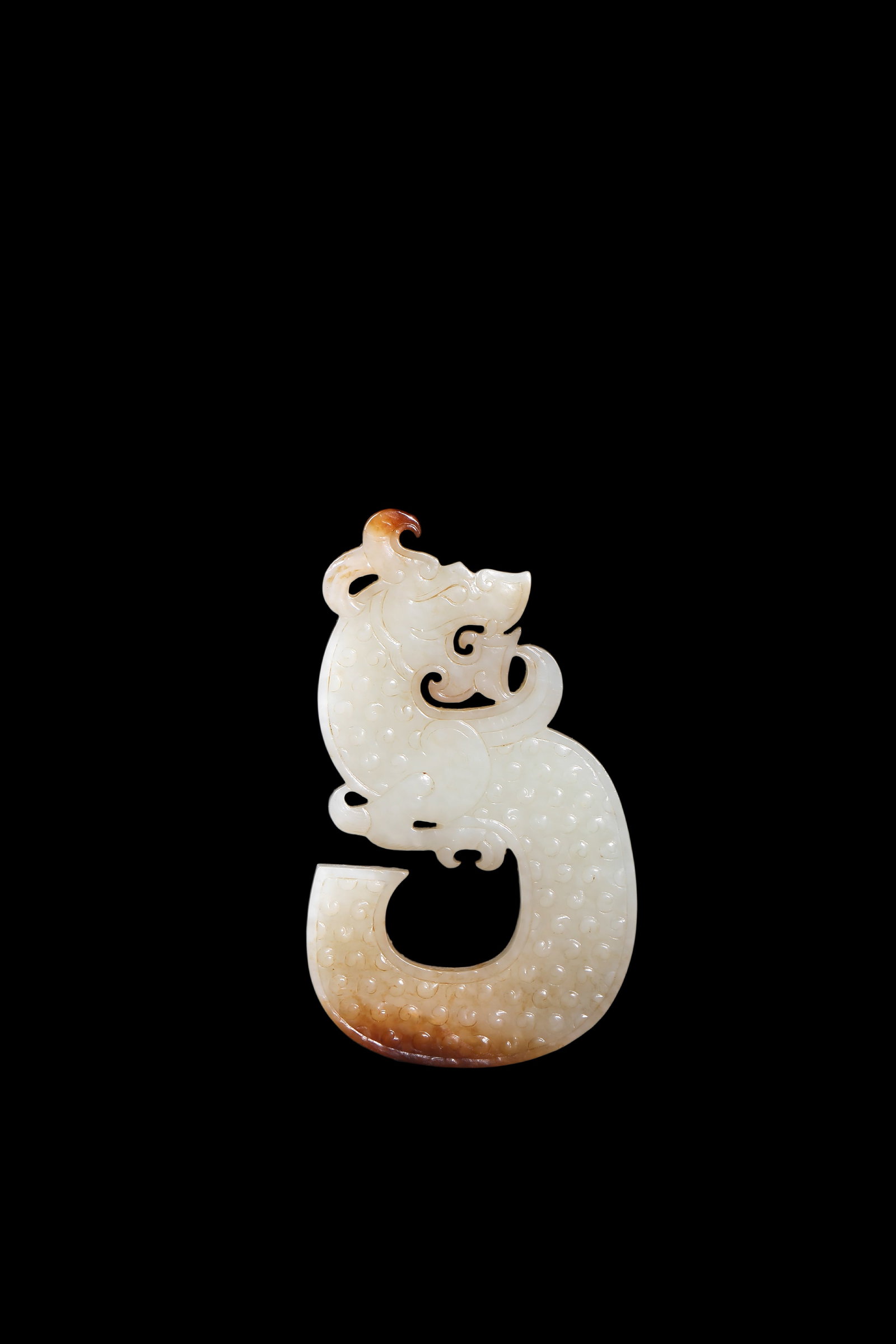 A Chinese Ancient carved jade S?shaped dragon pendant, 5th?3rd centuries B.C Pr.: Size:(Height8cm) Shipping:EU\HK\USA Ondoor shipping estimation:70EUR Condition:(Good Condition, No Repairment Checked by UV&Strong Light, Age Traces) Terms:(It is the Buyer's responsibility to inspect