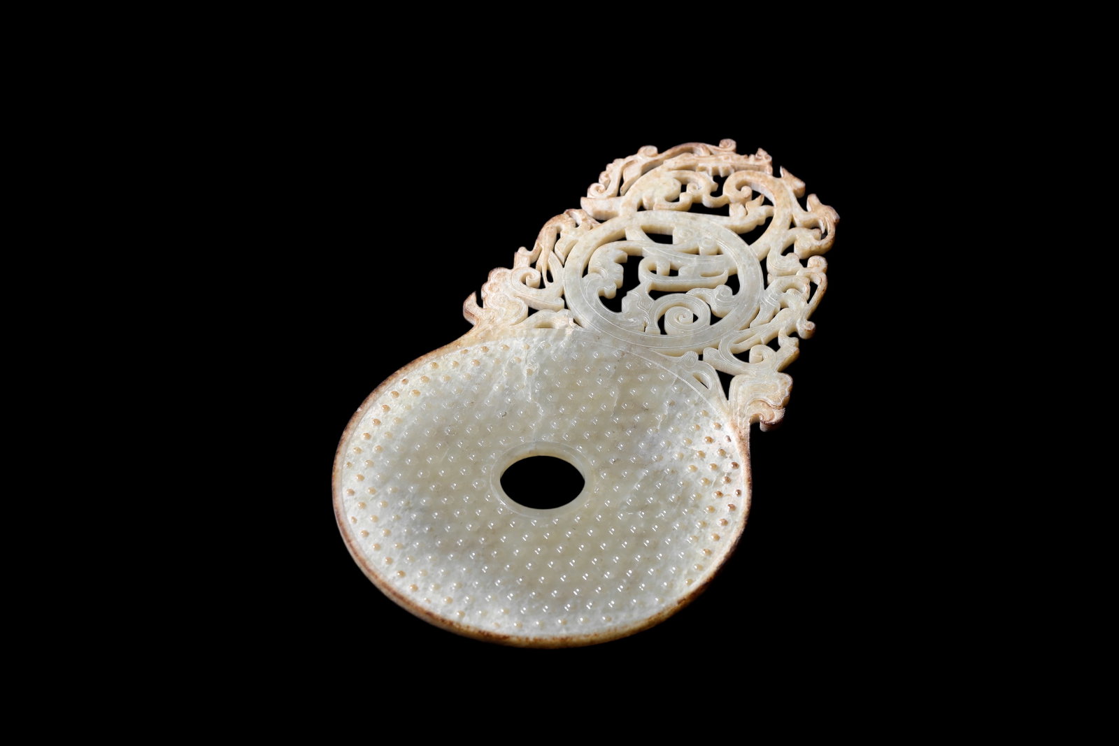 A Chinese Ancient openwork jade bi disc with granulation and scroll motifs, 5th?3rd centuries B.C: Size:(Height24cm) Shipping:EU\HK\USA Ondoor shipping estimation:150EUR Condition:(Good Condition, No Repairment Checked by UV&Strong Light, Age Traces) Terms:(It is the Buyer's responsibility to inspe