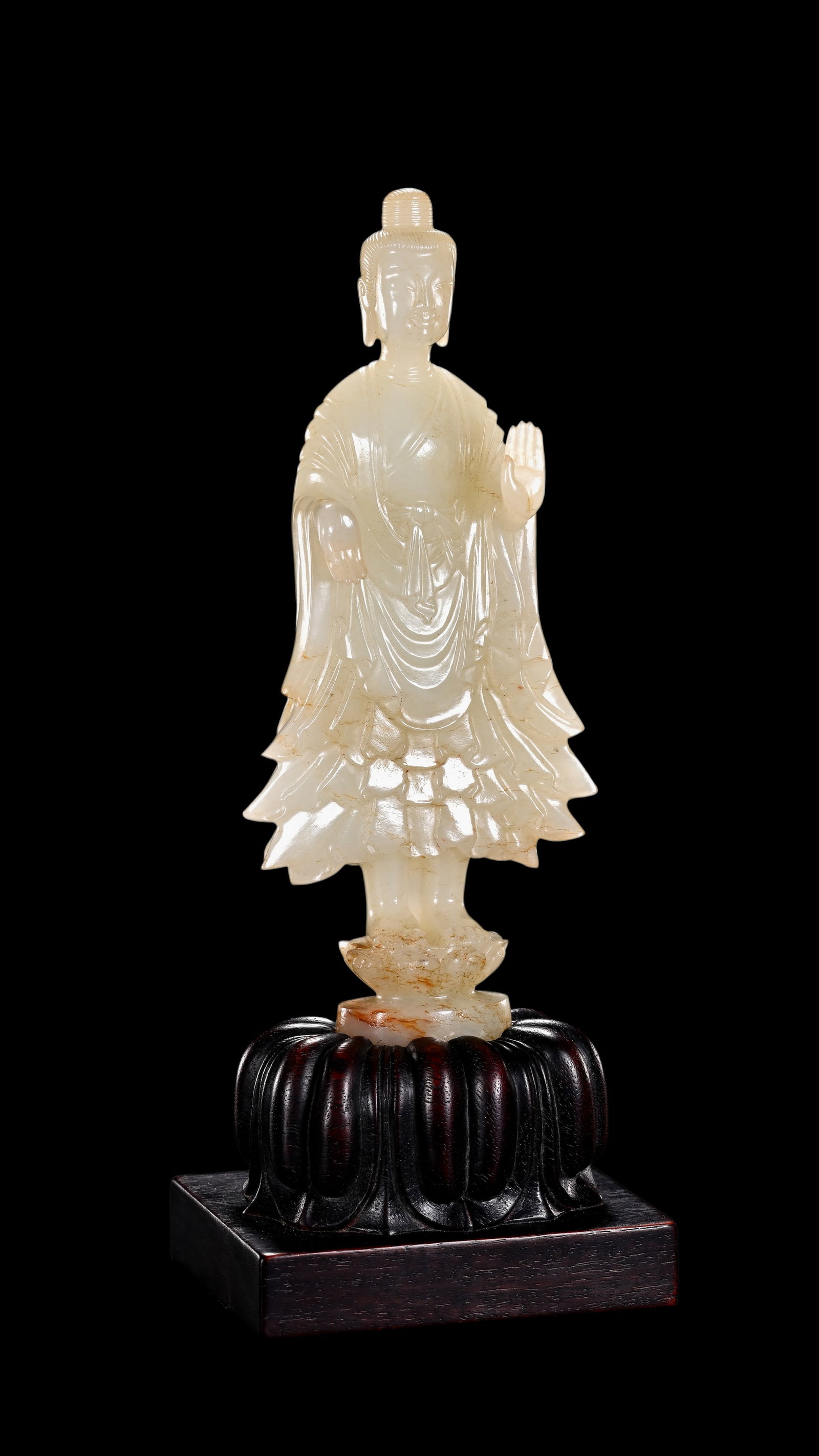 A Chinese Ancient White Jade Standing Buddha, Fitted Wood Base, 5th?Century?6th?Century?CE Pr. (1 of 10)