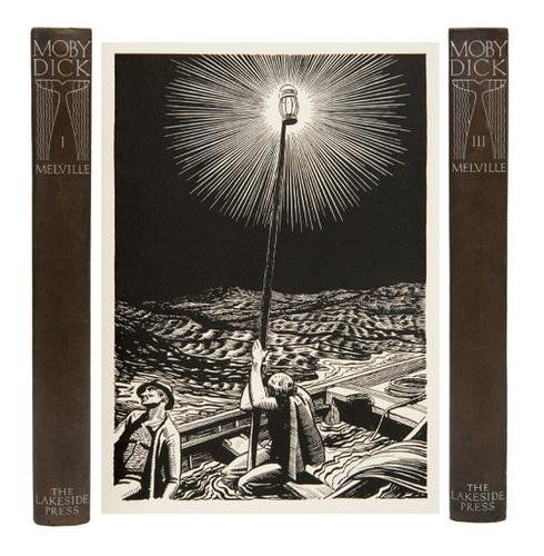 MELVILLE, Herman (1819-1891). Moby Dick or The Wh: MELVILLE, Herman (1819-1891). Moby Dick or The Whale. [Rockwell Kent, illustrator].Chicago: The Lakeside Press, 1930. 3 vols. 4to. . With 280 woodcut illustrations by Rockwell Kent. Original