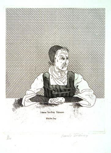 HOCKNEY, David (b. 1937, illustrator). - Jacob &: HOCKNEY, David (b. 1937, illustrator). - Jacob & Wilhelm GRIMM. Catherina Dorothea Viehmann, Märchen Frau. [New York & London: Petersburg Press, 1970]. Original etching with aquatint by Hock