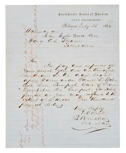 Mallory ALS re CSS Tallahassee: Stephen R. MALLORY. Autograph letter signed "S.R. Mallory Sec Navy" to John Taylor Wood, in command of the C.S.S. Tallahassee, authorizing him to draw funds from a Liverpool agent. Richmond: 2