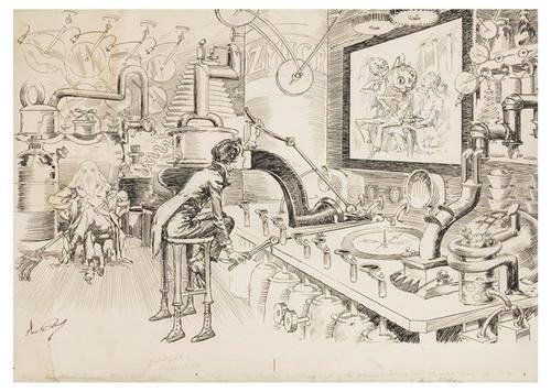 NEILL. DRAWING - The Wonder City of Oz. BAUM: NEILL, John R[ea] (1877-1943). In Wizard's laboratory ["There they are," he shouted, catching sight of the prisoners behind their chocolate bars].Pen-and-ink drawing of Number Nine at the tele