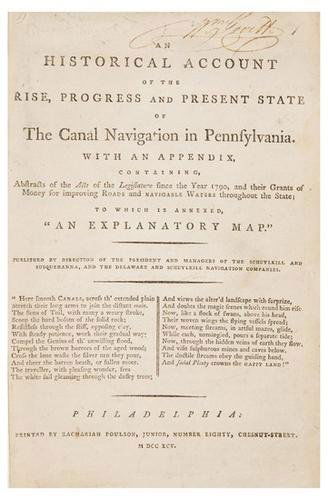 [SMITH, William; and Robert MORRIS]. An Historica: [SMITH, William; and Robert MORRIS]. An Historical Account of the Rise, Progress and Present State of the Canal Navigation in Pennsylvania. With an Appendix, containing, Abstracts of the Acts of the