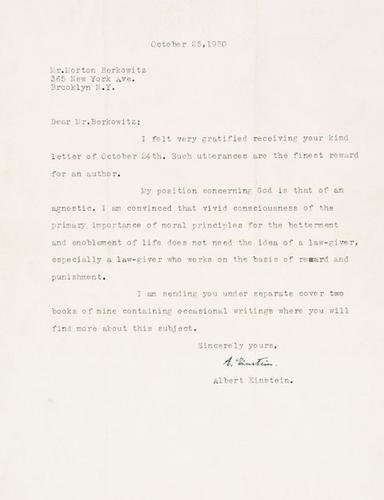 EINSTEIN. Typed letter signed re: his position on