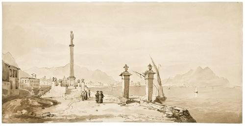 [Attributed to LEAR]. View on the Mediterranean. W: LEAR, Edward (1812-1888) [Attributed to]. View on the Mediterranean.[N.p.:] c. 1840-1860. Watercolor on paper (195 x 390 mm). Signed "Edward Lear" in an unknown hand on verso. Condition: a lon