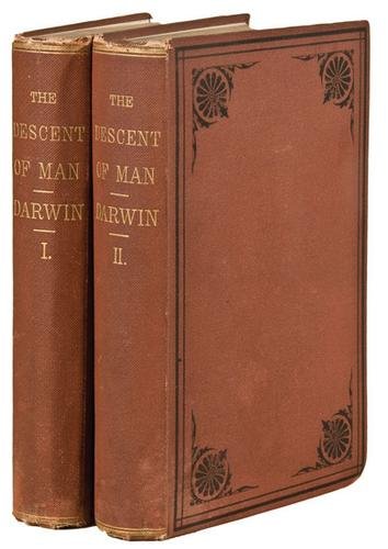DARWIN, Charles. The Descent of Man/Selection Rel: DARWIN, Charles. The Descent of Man and Selection in Relation to Sex. New York: D. Appleton and Company, 1871. 2 volumes, 8vo. Publisher's ad tipped into vol. I. Publisher's brick red cloth,