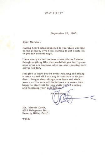 HOLLYWOOD -- DISNEY, Walt. letter to Marvin Davis: HOLLYWOOD -- DISNEY, Walt. Typed letter signed "Walt" to Marvin Davis, one of his art directors, hoping his health improves.[Burbank], 20 September 1962. 1 page, written on personal statione