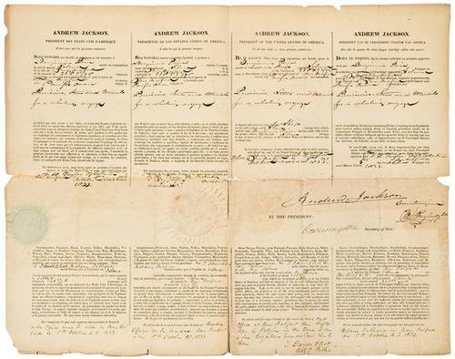 PRESIDENTS -- JACKSON, Andrew. Ship Selma: PRESIDENTS -- JACKSON, Andrew. Partly-printed document signed, as President, a four-language ship's papers for the Ship Selma, bound for the Pacific Ocean on a whaling voyage.Washington: 5 Oct