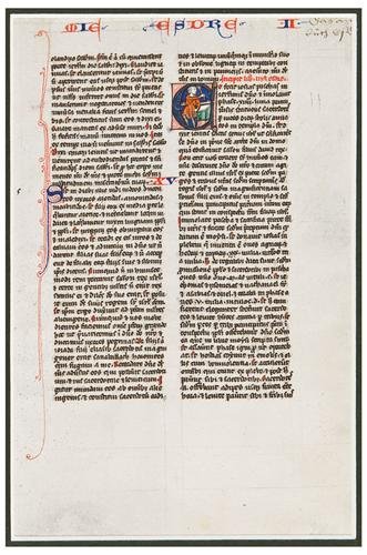 AN ILLUMINATED LEAF FROM A FRENCH BIBLE, in Latin.: AN ILLUMINATED LEAF FROM A FRENCH BIBLE, in Latin. [Paris, c.1250]. (152 x 102 mm). Double columns of 44 lines, text from Esdras, written in a neat gothic bookhand, on vellum, text partly in r