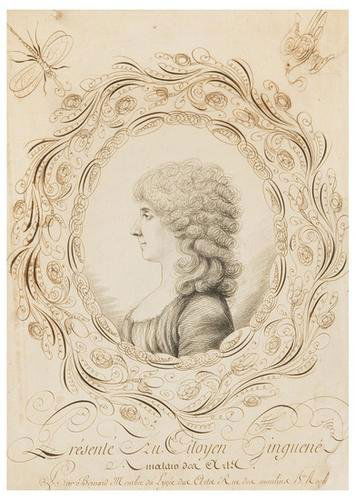 Jean Joseph Bernard, called Bernard de Paris (1740: Jean Joseph Bernard, called Bernard de Paris (1740 - 1809). Calligraphic profile portrait of Mme. Ginguené. The portrait in pen and black ink, the inscription and border in brown ink. 17 x 12