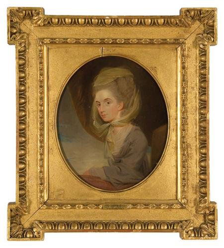 John Downman (1750-1824). Portrait of a lady said: John Downman (1750-1824). Portrait of a lady said to be Miss Dorothy Wilson in a grey dress before a brown drape.Oil on metal, oval. 9 1/4 x 7 1/2 inches (23.5 x 19 cm). Provenance: Christie'