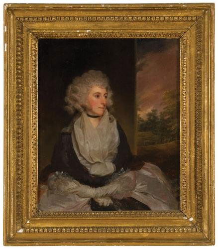 John Downman (1750 - 1824). Portrait of a lady in: John Downman (1750 - 1824). Portrait of a lady in a white dress, seated, a landscape beyond.Oil on canvas. 12 x 10 inches (30.5 x 25.5 cm). Provenance: Sotheby's London, 21 December 1983, lot