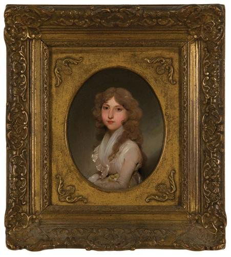 Attributed to John Downman (1750 - 1824). Portrait: Attributed to John Downman (1750 - 1824). Portrait of Mme. La Comtesse van der Düyn, née Baronne van der Capillen.Oil on metal, octagonal, framed as an oval. 7 x 6 inches (17.8 x 13.2 cm). Pr