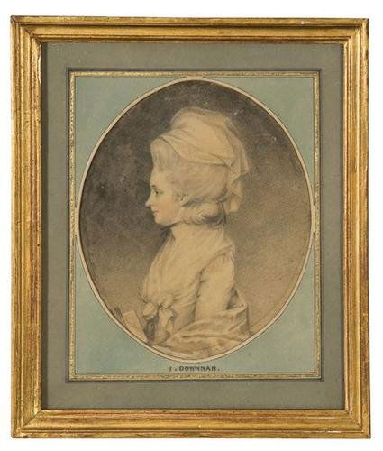 Attributed to John Downman (1750 - 1824). Portrait: Attributed to John Downman (1750 - 1824). Portrait of Mrs. Parry in a white dress holding a book.Charcoal and pink chalk on paper, oval. 8 1/4 x 6 1/2 inches (21 x 16 1/2 cm). An early label