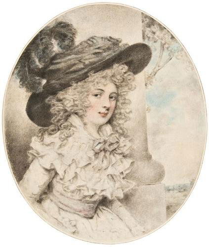 Attributed to John Downman (1750 - 1824). Portrait: Attributed to John Downman (1750 - 1824). Portrait of a lady said to be Lady Bessborough, in a plumed had and white dress before a column. Colored chalks, oval. 8 1/4 x 6 3/4 (21 x 17 cm), unf