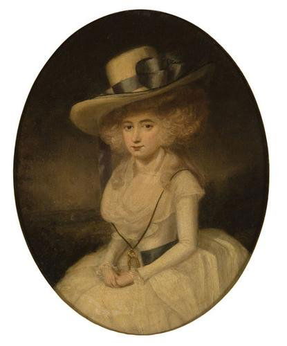 Circle of John Downman (1750 - 1824). Portrait of: Circle of John Downman (1750 - 1824). Portrait of a lady in a white dress and hat.Oil on canvas, laid down on board, oval. 14 1/2 x 11 1/2 inches (36.8 x 29.2 cm). Provenance: Sotheby's New Y