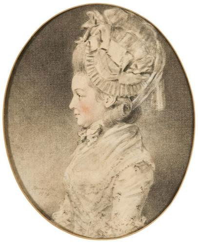 John Downman (1750 - 1824). Portrait of Mrs. Emili: John Downman (1750 - 1824). Portrait of Mrs. Emilia Hunter wearing a white dress and bonnet.Pencil and stump with grey and pink wash, oval. 7 1/2 x 6 inches (19 x 15 cm). Signed and dated "J.