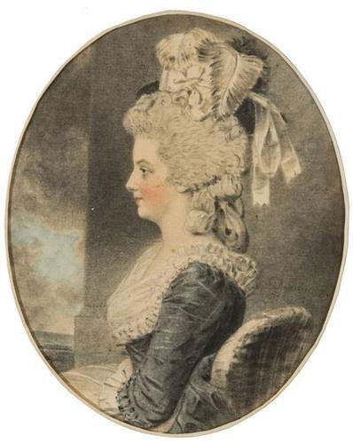 John Downman (1750 - 1824). Portrait of Eliza Pull: John Downman (1750 - 1824). Portrait of Eliza Pullein wearing a dark blue dress before a column, a landscape beyond.Pencil, stump and watercolor heightened with white, oval, in original wash m