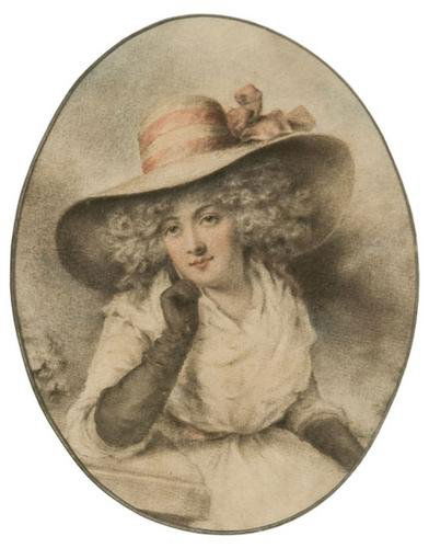 Attributed to John Downman (1750 - 1824). Portrait: Attributed to John Downman (1750 - 1824). Portrait of a lady said to be Lady Louisa Manners, wearing a white hat, black gloves and wide-brimmed hat with a pink ribbon.Black chalk and watercolo