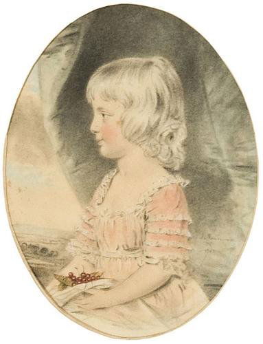 John Downman (1750 - 1824). A group of two waterco: John Downman (1750 - 1824). A group of two watercolors.Portrait of a young girl holding cherries. Pencil, stump and watercolor heightened with white, oval, in original wash mount. 6 3/4 x 5 1/