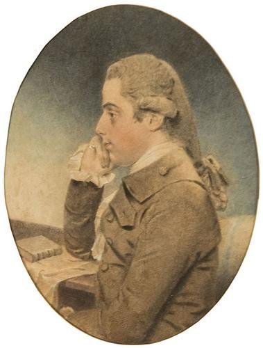 John Downman (1750 - 1824). Portrait of Mr. Arthur: John Downman (1750 - 1824). Portrait of Mr. Arthur Holdsworth in a grey jacket seated at a desk; Portrait of Mrs. Elizabeth Holdsworth wearing a white dress with brown ribbons.Watercolor, stum