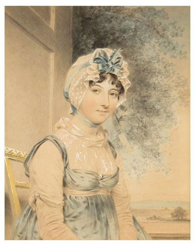 John Downman (1750 - 1824). Portrait of Miss Maria: John Downman (1750 - 1824). Portrait of Miss Maria Edgeworth, half-length seated wearing a blue dress, a landscape beyond.Pencil and watercolor heightened with white. 11 3/4 x 9 1/4 inches (30
