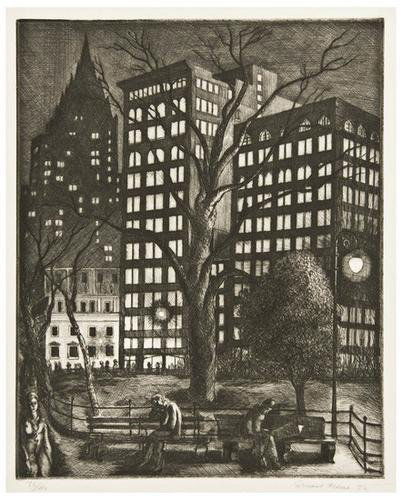 Ernest Fiene City Lights--Madison Square Park: Ernest Fiene (1894-1965) City Lights--Madison Square ParkEtching, 1932, signed and dated in pencil, numbered 38/40, on wove paper, with full margins, in good condition apart from a very small