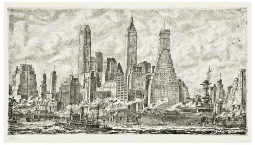 Reginald Marsh Skyline from Pier 10, Brooklyn (S.: Reginald Marsh (1898-1954) Skyline from Pier 10, Brooklyn (S.129)Etching, 1931, numbered 9/100, a later printing, published by the Whitney Museum, New York, on wove paper, with full margins, i