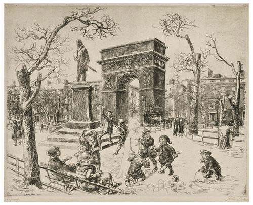 John Sloan Sculpture in Washington Square: John Sloan (1871-1951) Sculpture in Washington Square (M.218)Etching, 1925, signed in pencil, inscribed '100 proofs', the edition was 75 (from an intended edition of 100), on laid paper, with
