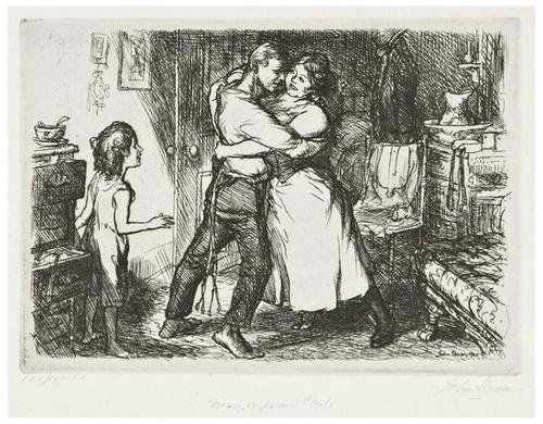 John Sloan Nude at Dressing Table (M.268): John Sloan (1871-1951) Two etchings.Man, Wife and Child, 1905, signed and titled in pencil, inscribed '100 proofs', the edition was 85 (from an intended edition of 100), on laid paper, with fu