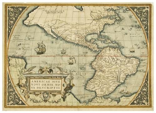 ORTELIUS, Abraham (1527 - 1598). America Sive Novi: ORTELIUS, Abraham (1527 - 1598). America Sive Novi Orbis Nova Descriptio. [Antwerp, c.1574 or later]. Hand-colored double-page engraved map (380 x 510 mm). Latin text on verso. Condition: 2 sm