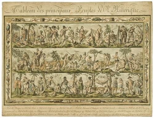 SAINT-SAUVEUR, Jacques Grasset de. Tableau des Pri: SAINT-SAUVEUR, Jacques Grasset de. Tableau des Principaux Peuples de l'Amerique.[Paris: n.d.]. Hand-colored engraved tableau of the native populations of North and South America (400 x 510 mm)