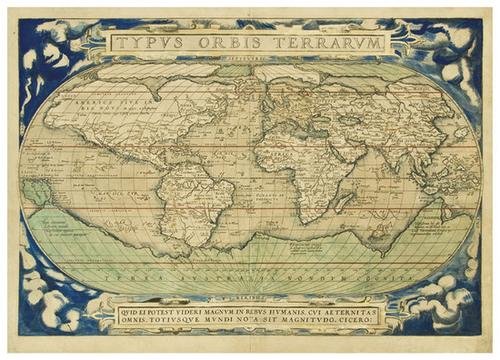 ORTELIUS, Abraham (1527 - 1598). Typus Orbis Terra: ORTELIUS, Abraham (1527 - 1598). Typus Orbis Terrarum. [Antwerp: c.1580 or later]. Double-page engraved map, later hand-coloring (370 x 510 mm). Latin text on verso. Condition: old restoration