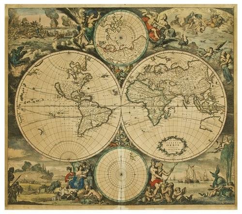 DE WIT, Frederick. Nova Totius Terrarum Orbis Tabu: DE WIT, Frederick. Nova Totius Terrarum Orbis Tabula.Amsterdam: c. 1680. Hand-colored double-page engraved map (505 x 580 mm). Condition: browned with old restoration at centerfold. Map of th