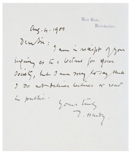 HARDY, Thomas. Two autograph notes, apparently unp: HARDY, Thomas. Two autograph notes, apparently unpublished.London: 4 August 1900. 8vo (180 x 135 mm). Max Gate headed stationery. To Douglas Goldring, giving thanks "for the specimen of your c