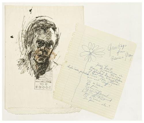 Cleve (1918 - 2004) and Francine du Plessix GRAY (: Cleve (1918 - 2004) and Francine du Plessix GRAY (b. 1930) Two self-portraits.Cleve GRAY ink on "Books & Co." paper bag, 1978 13 1/4 inches 9 1/2 inches (340 x 240 mm) signed Francine du