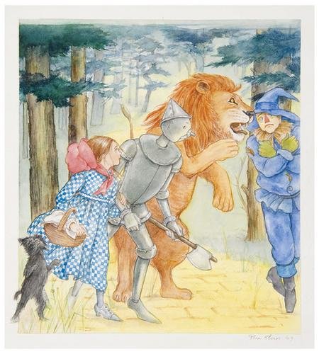 KLIROS, Thea They soon heard strange noises in the: KLIROS, Thea They soon heard strange noises in the depths of the forestWatercolor and pencil (290 x 250 mm). signed and dated. Framed. Illustration for a proposed edition of L. Frank Baum, The
