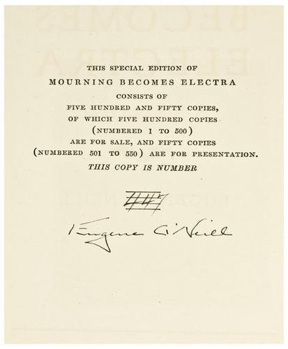O'NEILL, Eugene (1888 - 1953) Mourning Becomes Ele: O'NEILL, Eugene (1888 - 1953) Mourning Becomes Electra. New York: Horace Liveright, 1931. 8vo. Publisher's vellum, gilt. Condition: some soiling and darkening to vellum, slightly bowed. numbe