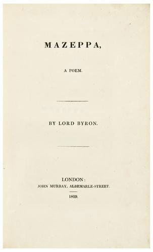 BYRON, Lord George Gordon Noel (1788 - 1824). Maze: BYRON, Lord George Gordon Noel (1788 - 1824). Mazeppa.London: John Murray, 1819. 8vo (230 x 150 mm). Contemporary wrappers, folding chemise. Conditon: minor losses to spine of wrappers, other