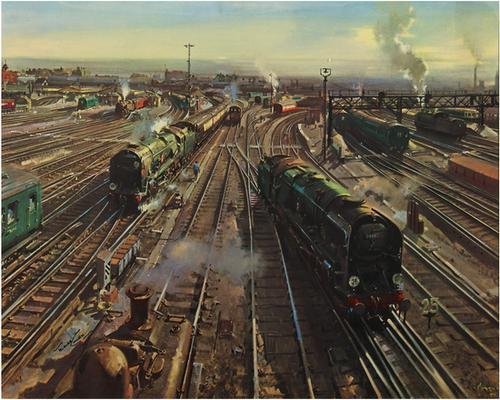 CUNEO, CLAPHAM JUNCTION, British Railways: CUNEO, Terence CLAPHAM JUNCTION, British Railwaysoffset lithograph in colours, 1961, condition A, counter signed in black felt tip pen, backed on linen 40 x 50ins (102 x 127cm.)