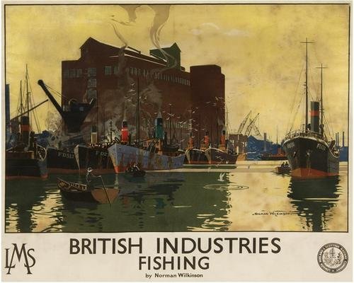 WILKINSON, Norman BRITISH INDUSTRIES, Fishing: WILKINSON, Norman PRI. BRITISH INDUSTRIES, Fishing, LMSlithograph in colours, c.1930, condition B+, printed by Jordison & Co., Ltd., London, backed on linen 40 x 50ins. (102 x 127cm.)