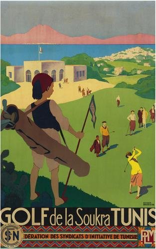 BRODERS, Roger GOLF de la SOUKRA, TUNIS: BRODERS, Roger (1883-1953) GOLF de la SOUKRA, TUNIS, SNCF., PLMlithograph in colours, 1932, condition A-, printed by Vaugirard, Paris, backed on linen 39 X 24ins. (100 x 62cm.)