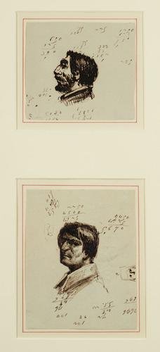 French School (c. 1880) Studies of male heads: French School (c. 1880) Studies of male headsTwo framed as one, pen and ink The first 3 1/2 x 3 3/4 in (9 x 9.5cm) The second 4 3/4 x 3 3/4 in (12 x 9.5 cm) (2) Provenance: with Christopher P
