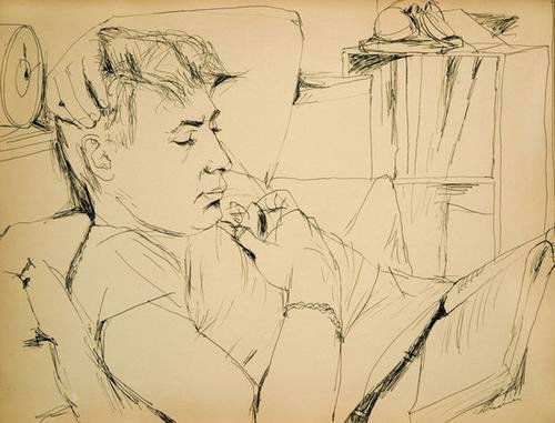 Henry Koerner (b. 1915) Reclining Male: Henry Koerner (b. 1915) Reclining MalePen and ink Signed Koerner lower right 14 1/2 x 19 5/8 in (37 x 50 cm)