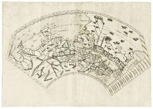 WORLD MAP- PTOLEMAEUS [Untitled world map]: WORLD MAP- PTOLEMAEUS [Untitled world map][Rome: 1478 or 1490]. Double-page engraved map of the ancient world, on two sheets joined (392 x 555 mm), verso of center with pasted paper backstrip
