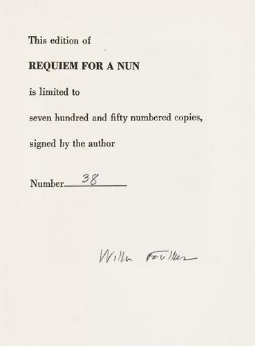 FAULKNER, William. Requiem for a Nun.: FAULKNER, William. Requiem for a Nun.New York: Random House, [1950, 1951]. 8vo. Quarter black cloth over decorated paper boards, t.e.g. NUMBER 38 OF 750 COPIES SIGNED BY FAULKNER. (1)