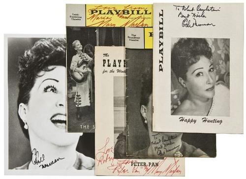 MARTIN, Mary and Ethel MERMAN. Large group of play: MARTIN, Mary and Ethel MERMAN. Large group of playbills and photographs, many signed.MARTIN, Mary (1913 - 1990) and Ethel MERMAN (1908 - 1984). ETHEL MERMAN: Comprising 18 playbills and souven