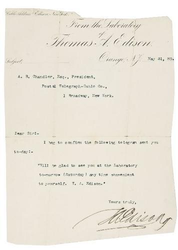 EDISON, Thomas A. Typed letter signed.: EDISON, Thomas A. Typed letter signed.Orange, NJ: 31 May 1889. Typed letter on Edison's stationery confirming a telegram sent to A.B. Chandler, president of the Postal Telegraph-Cable Co., sig
